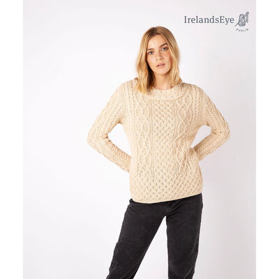Spindle Aran Cable Merino Wool Neck Sweater, Oatmeal Marl Colour